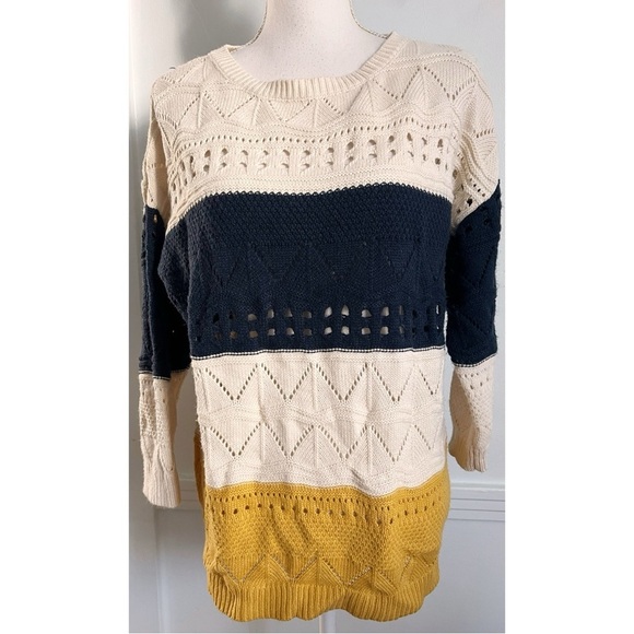 Charming Charlie • Yellow Cream Navy Color Block Striped Sweater - Picture 1 of 5
